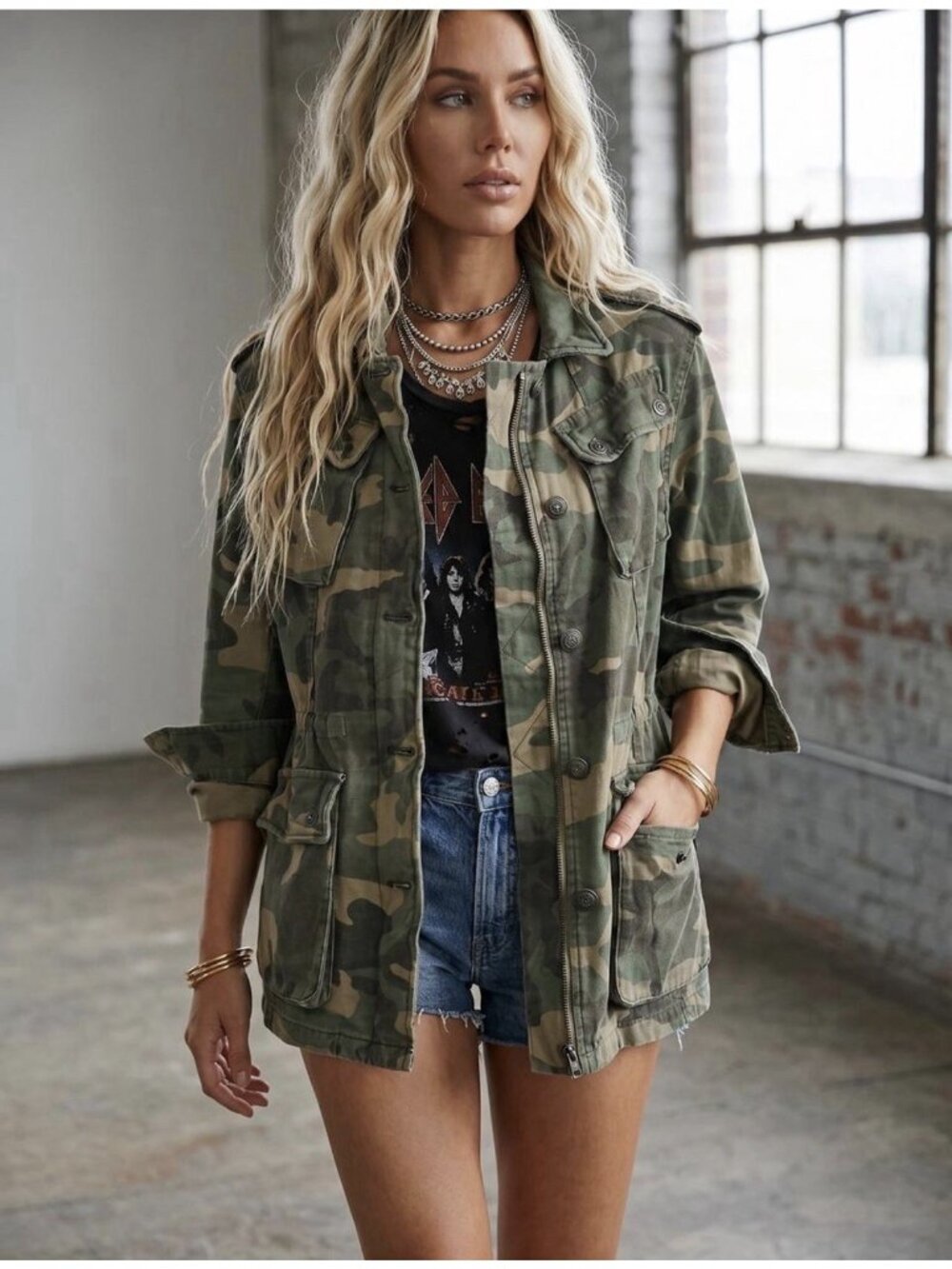 Free People Women XS Camo Military Utility Jacket Green Cotton Zip Snap Cargo